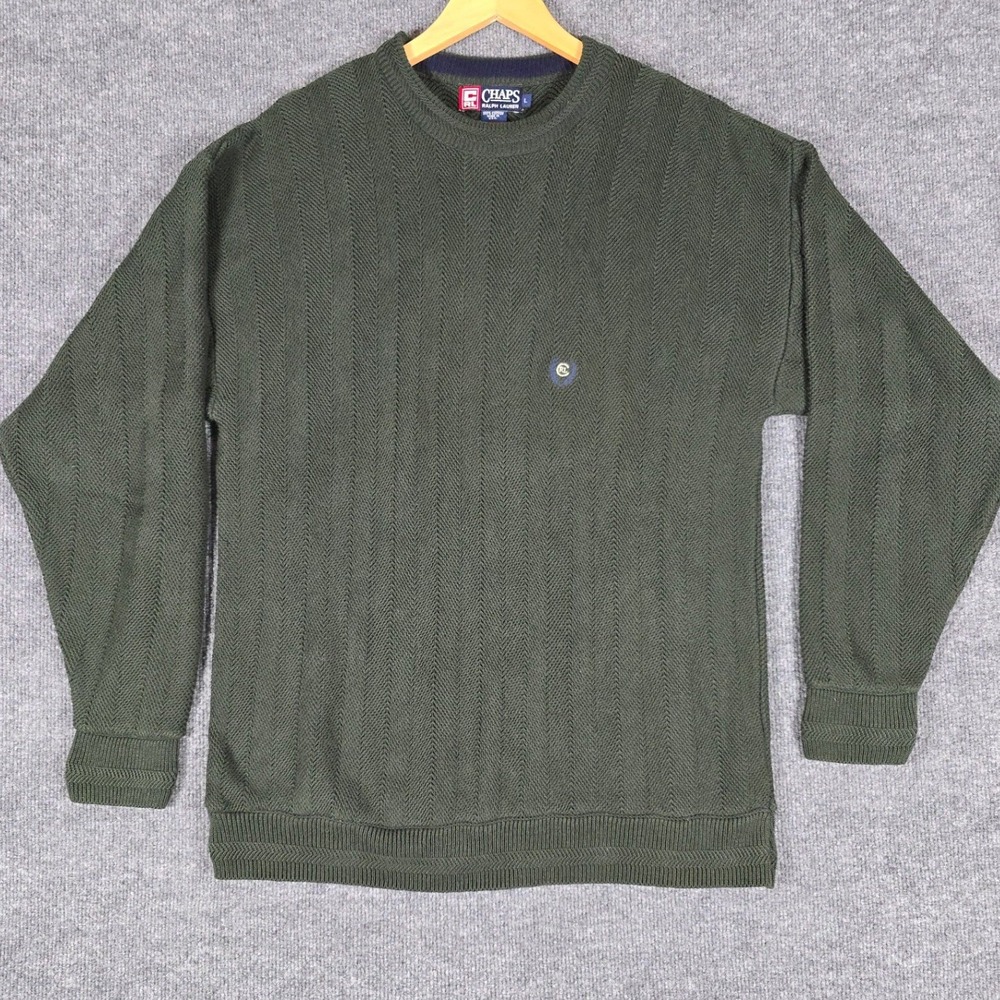 VTG CHAPS Ralph Lauren Mens Green Herringbone Knit Sweater Sz Large Made in USA
